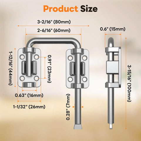 Beefy Heavy Duty 2.36 Inch Stainless Steel U Bolt Door Lock For Sliding Doors Barn Doors Windows Gates Sheds Or Fences With 90 Degree And 180 Degree Install Rust Resistant Patio Latch showing dimensions and components