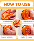 Steps showing how to use the 2026 Upgraded Car Dent Repair Kit 3 Pack With Beefed-Up Dent Puller And Suction Cup Tools