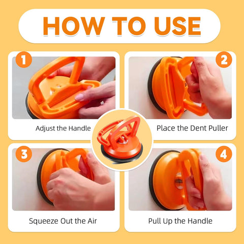 Steps showing how to use the 2026 Upgraded Car Dent Repair Kit 3 Pack With Beefed-Up Dent Puller And Suction Cup Tools