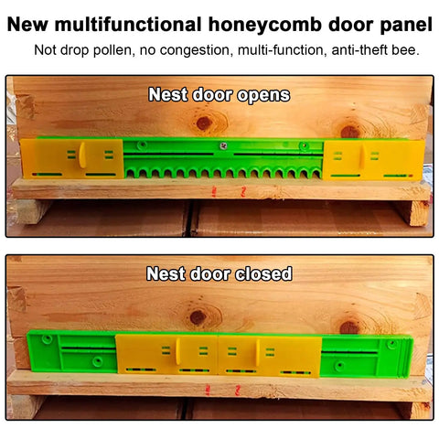 Beehive Entrance Reducer Set for 10 Frame Hives, Adjustable Plastic Entrance Gates With Mouse Guard, shown open and closed