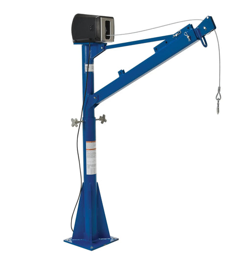 Built Tough AC Power Jib Crane With 1500 Lb Capacity And 66 Inch Telescoping Boom features a blue mount and powered winch.