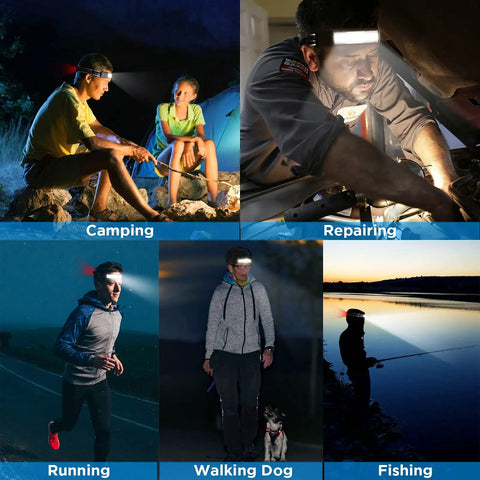 Rechargeable 1000 Lumen LED Headlamp With 230 Degree Wide Beam And Red Tail Light Hard Hat Compatible for various activities.