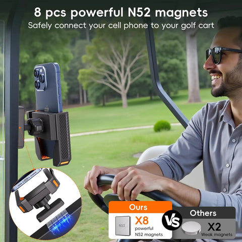 Dope Magnetic Golf Cart Phone Holder With Powerful N52 Magnet Base Fits EZGO Club Car Yamaha Icon And All 4.5 To 7 Inch Smartphones Like iPhone Samsung Xiaomi, installed on a golf cart with a phone.