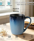 14oz Ceramic Coffee Mugs Set Of 6 With Easy Grip Handle In Ice Snow Blue Glaze With Star Blue Accents And Gold Rim on table