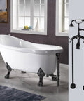 Slick Freestanding Clawfoot Tub Bundle Featuring Top Shelf Oil Rubbed Bronze Faucet And Drain Assembly All In One Premium Bathroom Soaking Package For Effortless Setup in white color with black trim and claw feet.