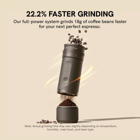 Fino Portable Electric Coffee Grinder With 28 Grind Settings For Espresso To French Press shown grinding coffee beans quickly.