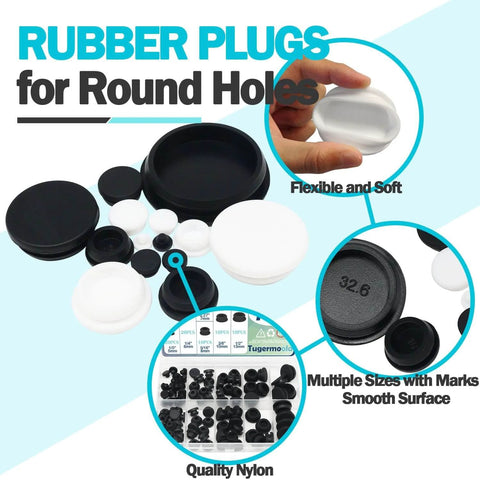 Assorted Size Black Silicone Hole Plugs 100 Pcs For Round Holes 4mm To 13mm With Frosted Finish displayed with size variations.