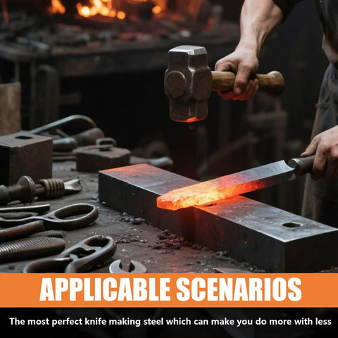Blacksmith hammering hot steel on anvil, crafting Premium 1095 High Carbon Steel Flat Stock Four Pack for knife making.