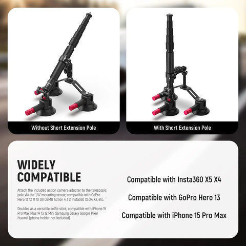 Side-by-side view of Triple Suction Cup Car Mount Kit for Dope POV Driving Shots, showing short and extended pole options.