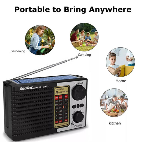 Solar Portable FM AM SW Radio Bluetooth Speaker MP3 Player with Rechargeable Battery LED Flashlight for outdoor use