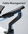 Heavy Duty Single Monitor Arm, Premium Aluminum Desk Mount With Butter Smooth Adjustments, Rock Solid C Clamp Plus Grommet Base For Screens Up To 39 Inches, Matte Black with blue cable management features.