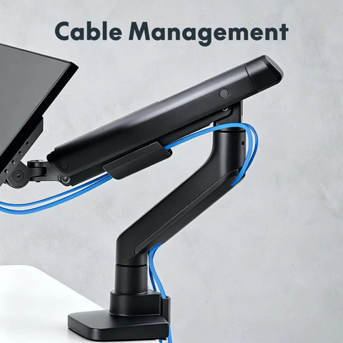 Heavy Duty Single Monitor Arm, Premium Aluminum Desk Mount With Butter Smooth Adjustments, Rock Solid C Clamp Plus Grommet Base For Screens Up To 39 Inches, Matte Black with blue cable management features.
