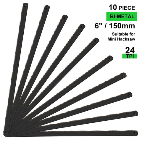 10 Pack 6 Inch Bi-Metal HSS Mini Hacksaw Blades 24 TPI For Mini And Primary Hacksaws Cuts Wood Metal Plastic PVC Aluminum Copper Brass Heat Treated Pro Grade Durable Wavy Teeth For Clean Fast Cuts
