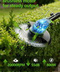 Cordless 800W Brushless Weed Wacker With Wheels 20,000 RPM trimming hedge with focus on brushless motor