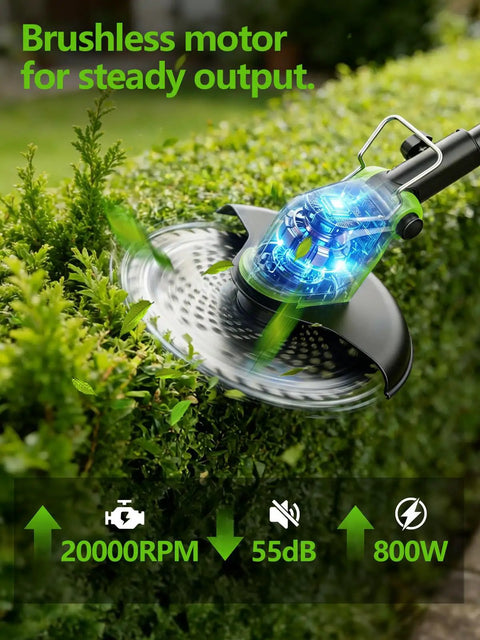 Cordless 800W Brushless Weed Wacker With Wheels 20,000 RPM trimming hedge with focus on brushless motor
