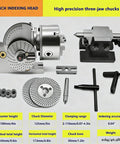 Top Shelf Universal Dividing Head For Milling Machines, Heavy Duty 3 Jaw Chuck Indexing Plate Accessory With Tailstock, detailed view of precision indexing head components.