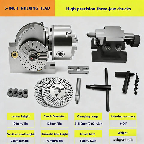 Heavy Duty Dividing Head Kit Featuring Rock Solid Rotary Indexing Slick 3 Jaw Chuck Tailstock And Precision Plates for CNC milling setup.