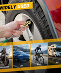 2 Pack Ball Foot Air Chuck Set For Quick Tire Inflation in use on car tire with images of motorcycle, car, bike, RV below.