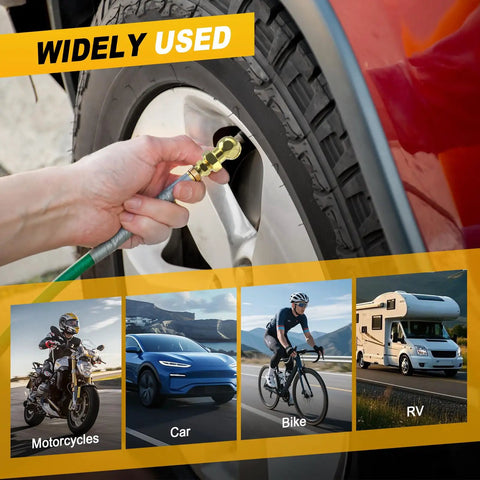 2 Pack Ball Foot Air Chuck Set For Quick Tire Inflation in use on car tire with images of motorcycle, car, bike, RV below.