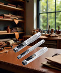 Pro Grade Leather Punch Set With Steel Hollow Punches, three-piece grommet kit on leatherwork table in workshop setting