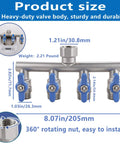 Heavy Duty 4 Way Garden Hose Splitter With Full Flow Ball Valve, 304 Stainless Steel, Lead Free, 3/4 Inch GHT Thread, Extra Long 2.1 Inch Handle, Outdoor Spigot Faucet Connector For Fast, Unrestricted Water Distribution. Product size diagram with 4 outlets and 360° rotating nut
