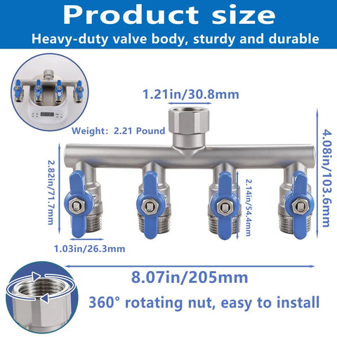Heavy Duty 4 Way Garden Hose Splitter With Full Flow Ball Valve, 304 Stainless Steel, Lead Free, 3/4 Inch GHT Thread, Extra Long 2.1 Inch Handle, Outdoor Spigot Faucet Connector For Fast, Unrestricted Water Distribution. Product size diagram with 4 outlets and 360° rotating nut
