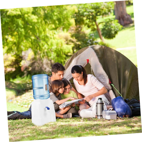 Family camping with Portable Cold Water Dispenser For Office Desk Countertop With Tap beside tent in park setting.