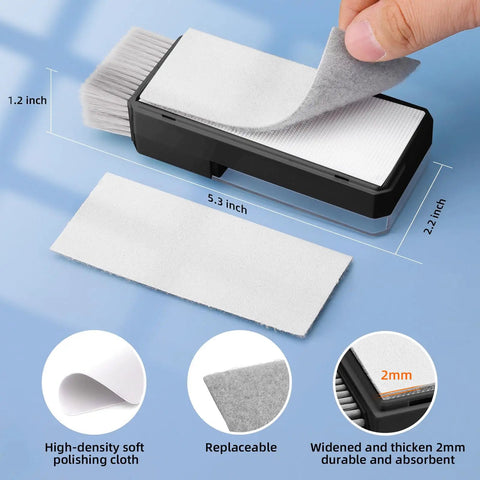 All In One Keyboard Cleaner And Laptop Cleaning Kit with dimensions and replaceable polishing cloth, screen safe tools display.