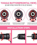 Toggle button and installation steps for Pink 21V Cordless Drill Driver Set With Three Eighth Inch Keyless Chuck Two 1.5Ah Batteries And Charger