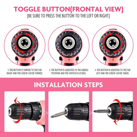 Toggle button and installation steps for Pink 21V Cordless Drill Driver Set With Three Eighth Inch Keyless Chuck Two 1.5Ah Batteries And Charger