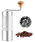 M6 Manual Coffee Grinder with Hexagonal Conical Burrs and Double Bearings for Smooth Grinding, compact aluminum body, side view