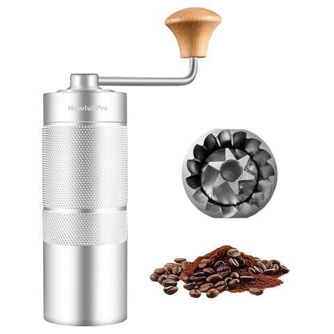 M6 Manual Coffee Grinder with Hexagonal Conical Burrs and Double Bearings for Smooth Grinding, compact aluminum body, side view