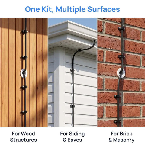 Rock The Perfect Starlink Wall Setup With This Super Sleek Routing Kit For Gen2 And Gen3 Dishes Plus Mini Ethernet Models, Includes 34 Inch Drill Bit White Steel Seal Clips Ties To Keep Cables Neat And Mess-Free Easy Install. shown on wood, siding, and brick