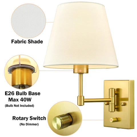 Gold Brass Swing Arm Wall Sconces Two Pack With Beige Linen Shade Plug In Wall Lamps For Bedroom And Living Room Vintage Style Cozy Vibe Easy Plug In Cord And On Off Rotary Switch