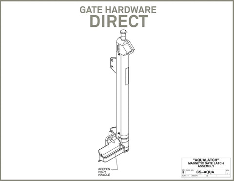 Diagram of Magnetic Pool Safety Gate Latch, 20 Inch Tall, Black, Keyed Alike Lock for vinyl wood and metal gates, includes fasteners.