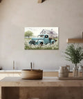 Rustic Farmhouse Truck Wall Art Canvas Print 24x36 Inches Teal Pickup Truck and White Barn Scene in Cozy Kitchen Decor