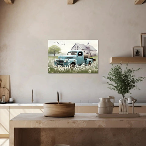 Rustic Farmhouse Truck Wall Art Canvas Print 24x36 Inches Teal Pickup Truck and White Barn Scene in Cozy Kitchen Decor