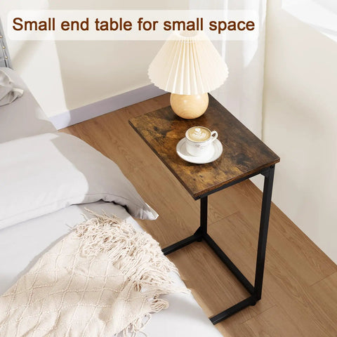 C Shaped End Tables Set Of 2 That Slide Under Your Sofa, Rustic Brown, next to bed with lamp and teacup, Model HET02BBR