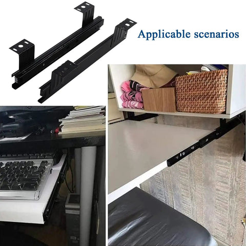 Heavy Duty Drawer Slides Detachable 10in or 12in Length, 3 Fold Glides, Ball Bearing Runners for Smooth Quiet Opening, Rustproof Cold-Rolled Steel, High Load 40kg Per Pair, Durable and Reliable for Fast Fixes. Black drawer slides shown on desk and cabinet storage.