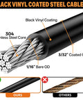 Cross-section of Black Vinyl Coated Cable, 304 Stainless Steel Wire Rope 1/16 In Overmolded To 3/32 In, showing core and coating layers.