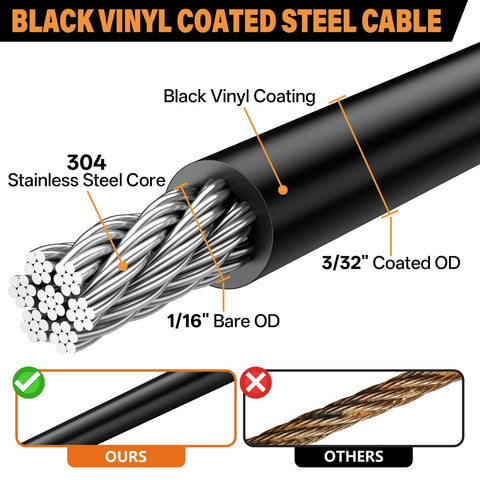 Cross-section of Black Vinyl Coated Cable, 304 Stainless Steel Wire Rope 1/16 In Overmolded To 3/32 In, showing core and coating layers.