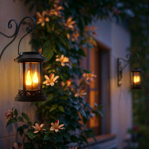 Six Pack Solar Lantern Lights With Realistic Flickering Candle Effects No Wiring Easy Setup Stakes For Garden Backyard Lawn Pathway And Patio Decor Weatherproof Black Auto On At Dusk hanging on a wall
