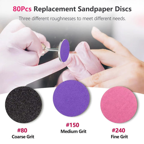 Sanding Paper Disc Set With Metal Nail Drill Bit 80 Pieces 25mm Replacement Discs Grits 80 150 240 in use