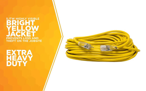 12-Gauge Extra Heavy Duty 100 Ft Outdoor Extension Cord With Cord Clip Yellow 3 Prong SJTW Water Resistant Vinyl Jacket