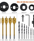 Badass 21 Piece Wood Drill Bit Set With Hole Saws Brad Point And Spade Bits Carbon Steel Case, various drill sizes and hole saws displayed.