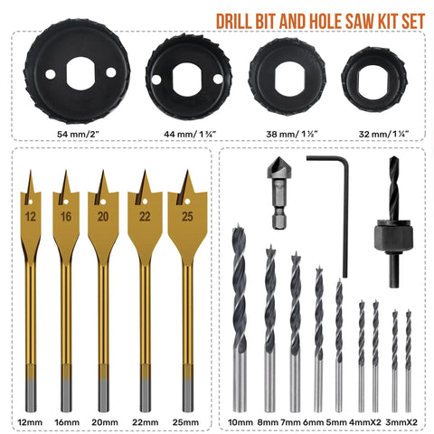 Badass 21 Piece Wood Drill Bit Set With Hole Saws Brad Point And Spade Bits Carbon Steel Case, various drill sizes and hole saws displayed.