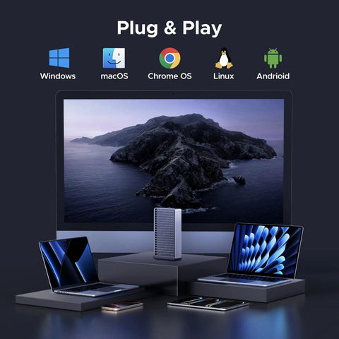 Slick Beast Mode M2 NVMe Enclosure for External Solid State Drives compatible with Thunderbolt 4 and USB4 displayed with computers.