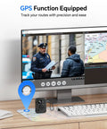 F2 128GB Dual Screen Body Camera With GPS 2K Video And 40MP Photos on desk beside monitor displaying tracking software