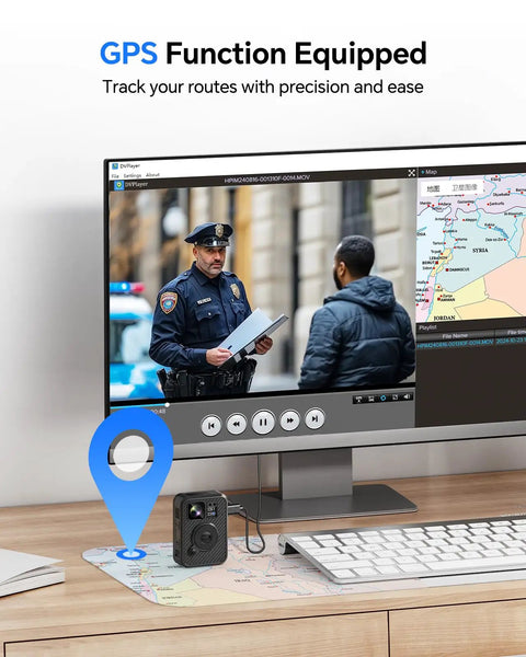 F2 128GB Dual Screen Body Camera With GPS 2K Video And 40MP Photos on desk beside monitor displaying tracking software
