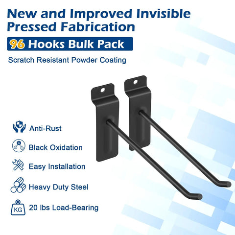 Legit Badass Heavy Duty 10 Inch Slatwall Panel Hooks Black 96 Pack Killer Retail Display Gear With Scratch Resistant Powder Coat, two black steel hooks.